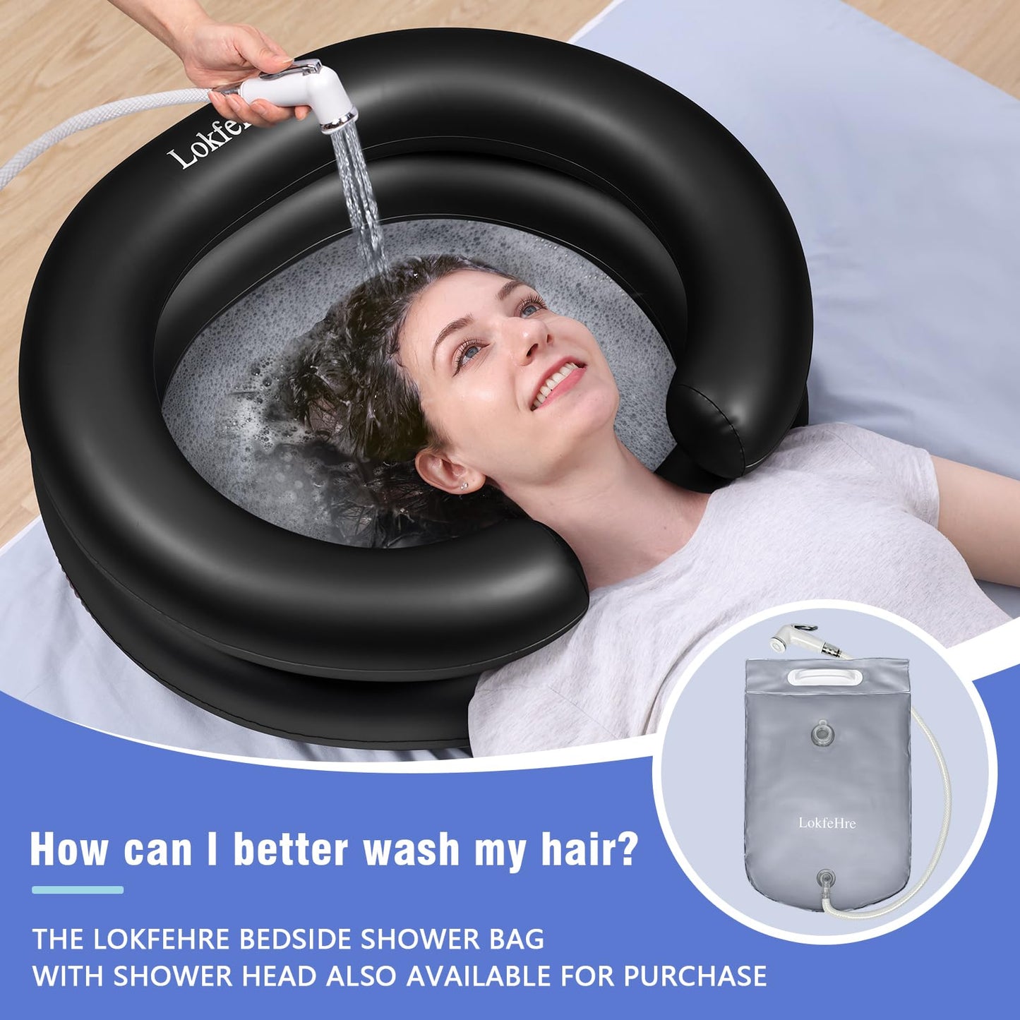 Dark Slate Gray Black Inflatable Shampoo Basin, Stain Resistant Ergonomic Neck Support Hair Washing Bowl for Bedridden Elderly Disabled, Portable Leakproof PVC Sink with Drain Hose for Home Care Locs Detox