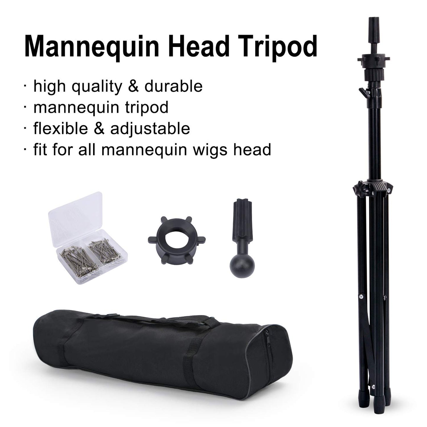 White Smoke Klvied Reinforced Wig Stand Tripod Mannequin Head Stand, Adjustable Holder for Cosmetology Hairdressing Training with T-with Caps, T-Pins, Comb, Hair Clip, Carrying Bag