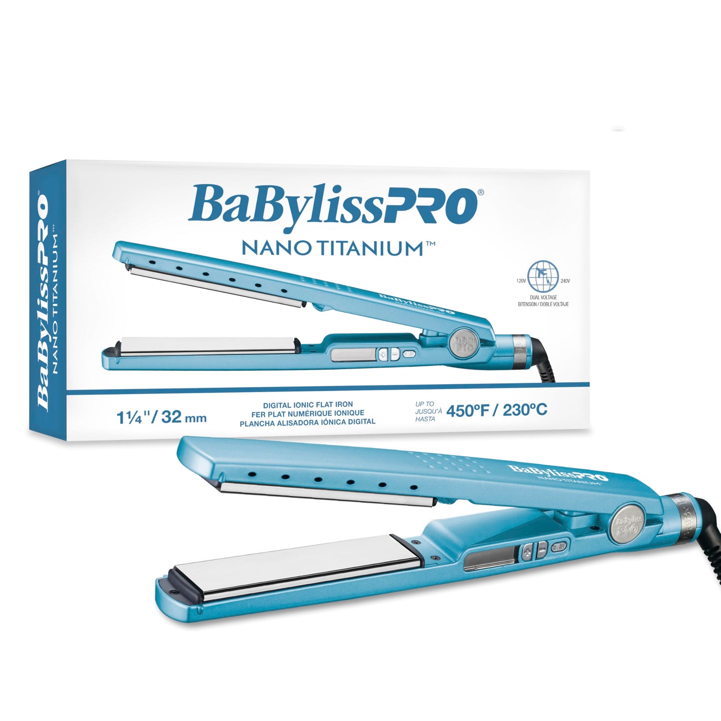 White Smoke BaBylissPRO Nano Titanium Ionic Flat Iron Hair Straightener, 1/4" Hair Straightener Iron for Smooth, Shiny, Frizz- Free Hair and All Hair Types