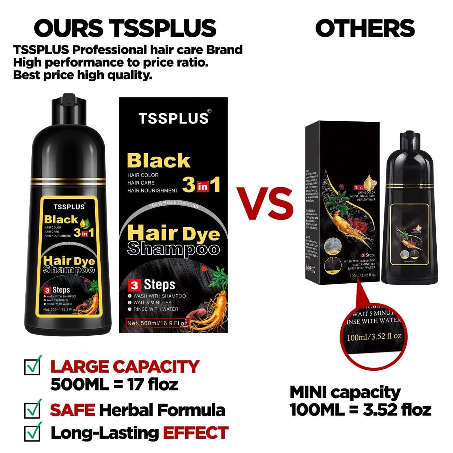 White Smoke TSSPLUS Black Hair Dye Shampoo, 500ml - Organic Natural Hair Color Dye Shampoo for Women & Men, Instant Gray White Hair Cover, Plant Essence, Semi-Permanent