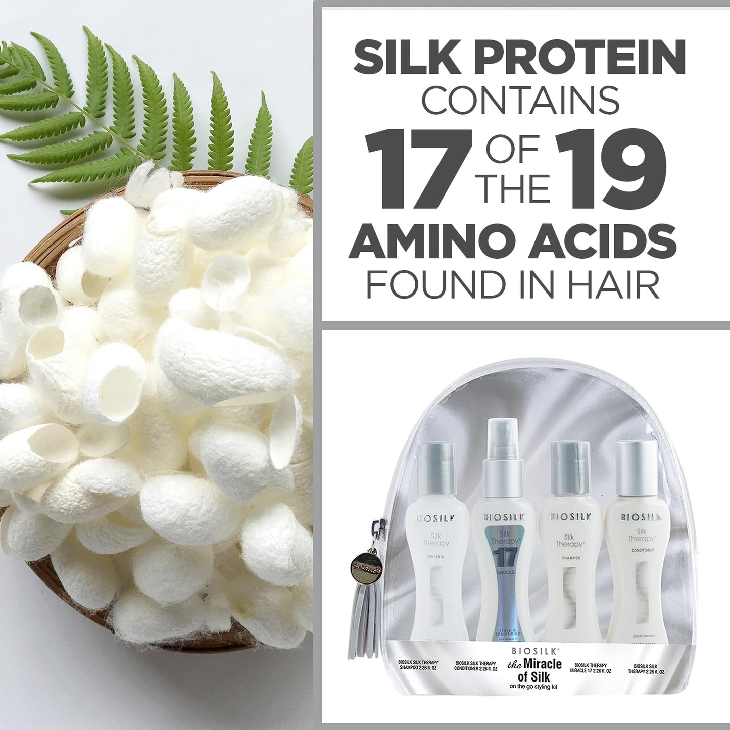 White Smoke Biosilk The Miracle of Silk Kit, Includes Silk Therapy Shampoo, Conditioner, Original Leave-In Treatment, Miracle 17 Leave-In Treatment, 2.26 Oz Each