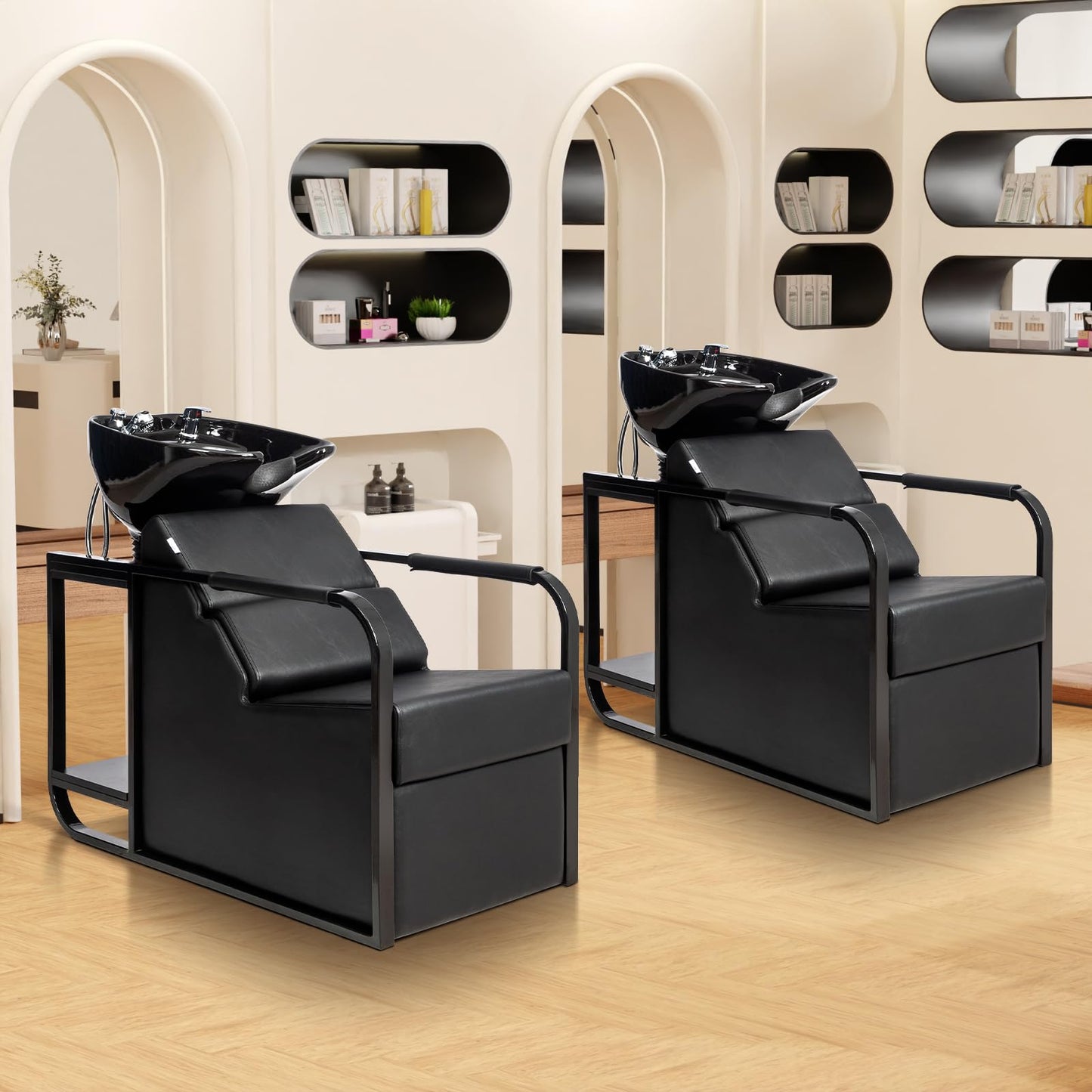 Gray OmySalon Salon Shampoo Chair with Tilting Hair Washing Bowl & Storage Shelf, Backwash Shampoo Unit for Beauty Spa Barbershop