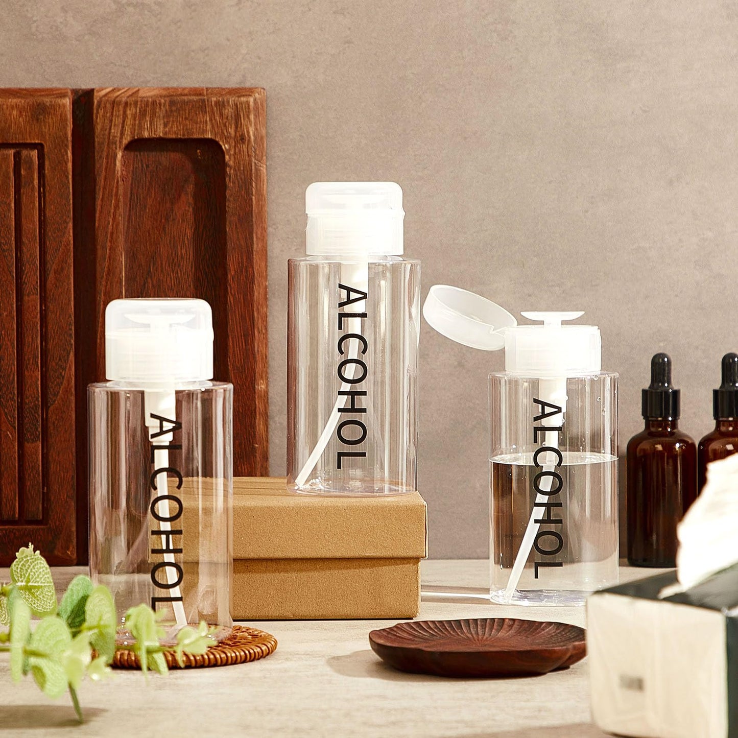 Gray Layhit 3 Pcs 10 oz Alcohol Pump Dispenser Bottles Alcohol Push Down Liquid Dispenser Empty Pumping Bottle Refillable Cosmetic Container for Personal, Salon, Nail Care (Clear Cap + Clear Bottle)