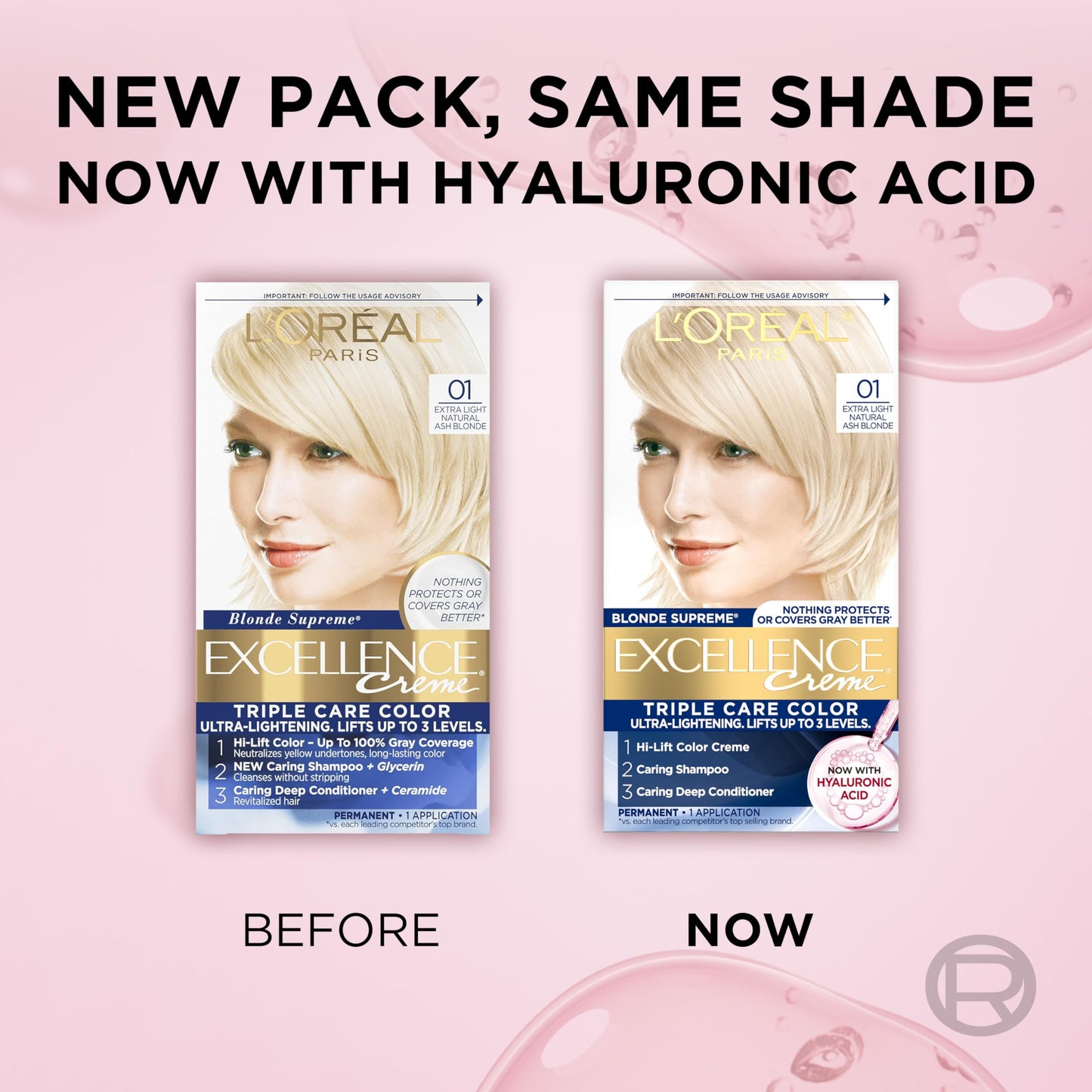 Misty Rose L'Oreal Paris Excellence Crème Permanent Hair Dye, Triple Care Hair Color with Hyaluronic Acid for 100% Gray Coverage, 01 Extra Light Natural Ash Blonde, 1 Kit (Packaging May Vary)