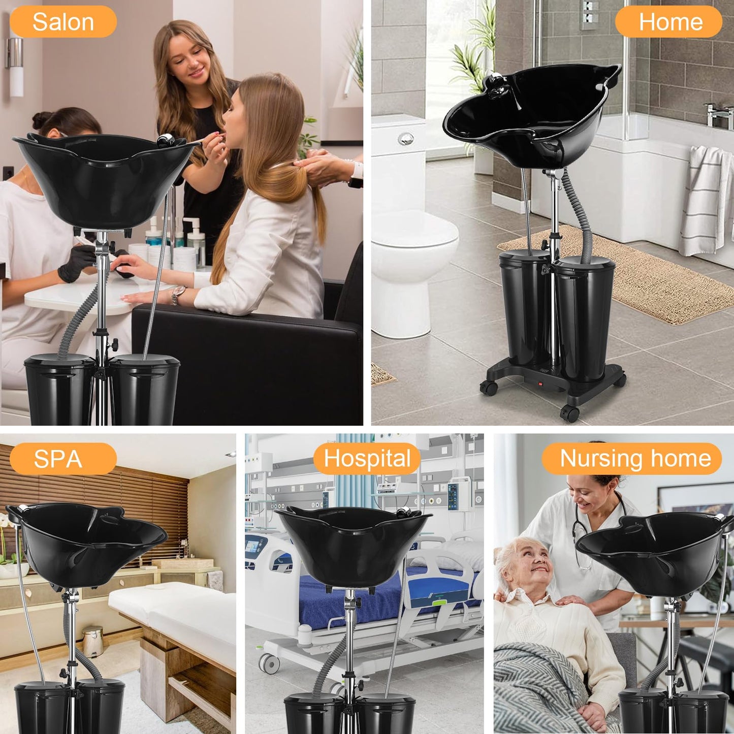 Black Rechargeable Portable Shampoo Bowl with Electric Pump, Adjustable Portable Hair Washing Station with 2 Tanks and Drain Hoses, Basin Height Portable Salon Sink for Home Barber Use
