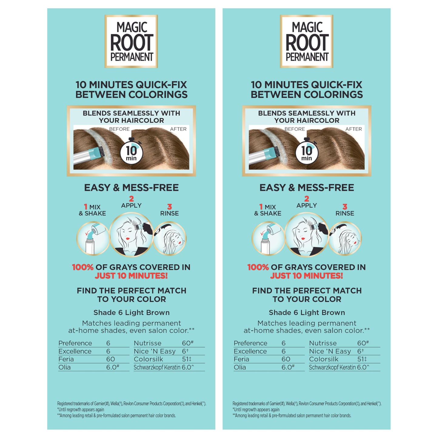 Light Blue L’Oréal Paris Magic Root Permanent Hair Color, 10 Minute Root Coloring Kit with 100% Gray Hair Coverage, 6 Light Brown, 2 Count