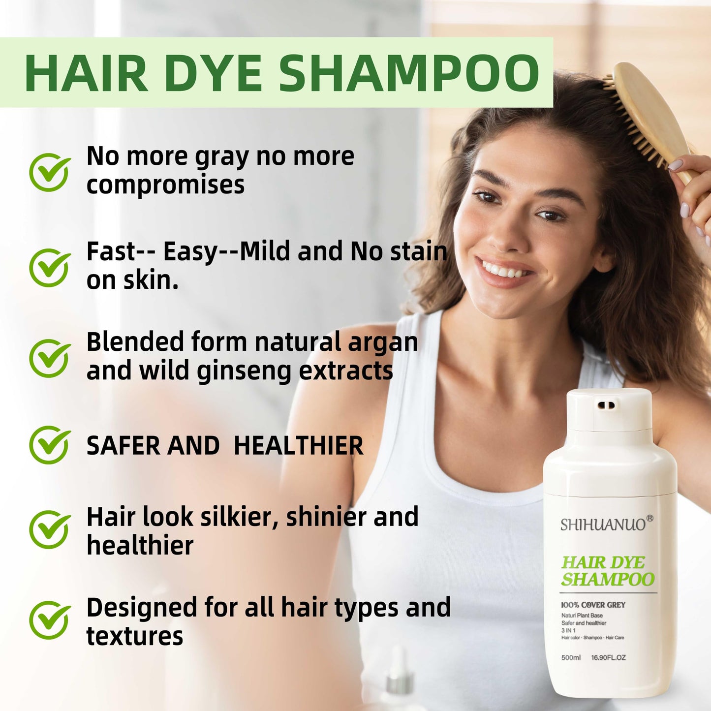 White Smoke SHIHUANUO Hair Dye Shampoo 3 in 1 for Gray Hair Coverage,Argan nut Natural dye Shampoo,Hair color shampoo for Women & Men/Ammonia-Free 500ml(Black)
