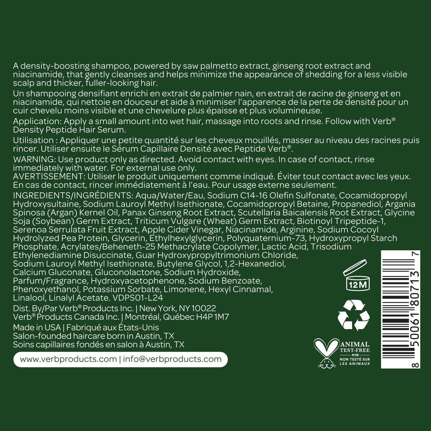 Dark Olive Green VERB Density Peptide Shampoo 12 fl oz - Visibly Thicken + Reduce Signs of Shedding- No Parabens or Harmful Sulfates