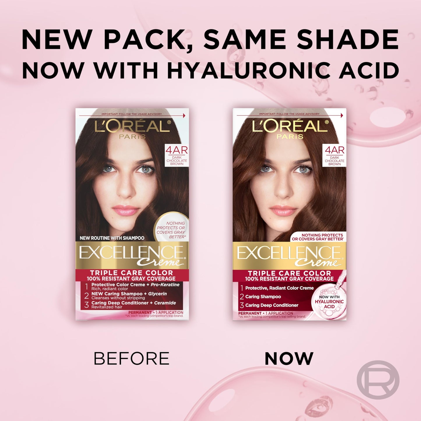 Misty Rose L'Oreal Paris Excellence Crème Permanent Hair Dye, Triple Care Hair Color with Hyaluronic Acid for 100% Gray Coverage, 4AR Dark Chocolate Brown, 1 Kit (Packaging May Vary)