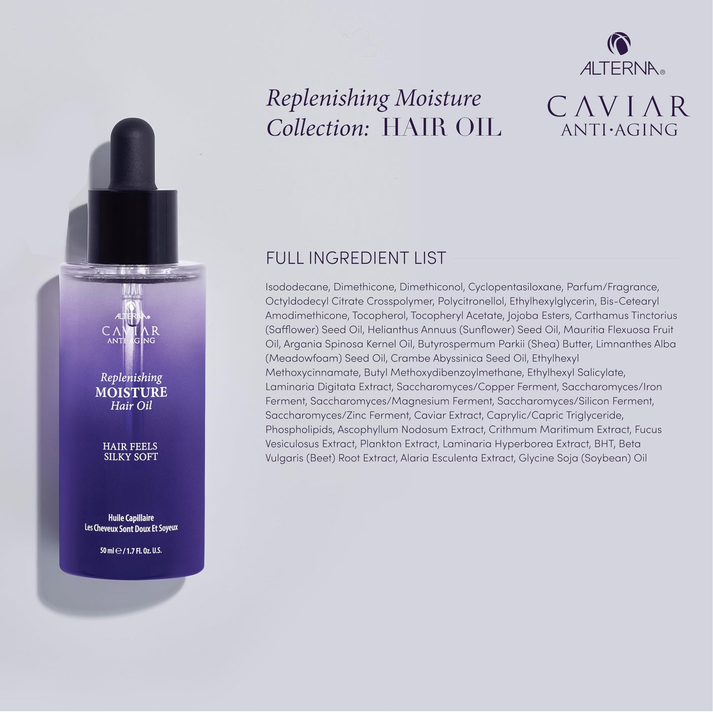 Light Gray Alterna Haircare CAVIAR Anti-Aging Replenishing Moisture Hair Oil 1.7 oz | Lightweight, Revives and Nourishes Hair | Increased Shine and Softness | Heat Protectant and Frizz Control