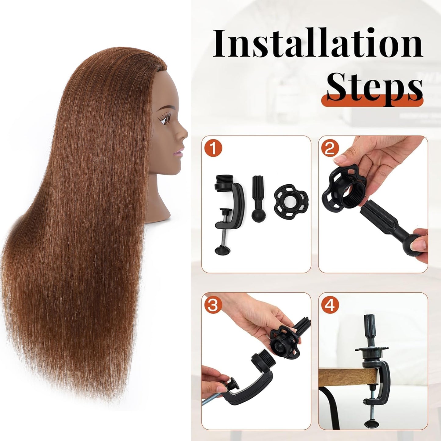 White Smoke TKIMHEQ Mannequin Head with 100% Real Hair Straight Hair 18" Doll Head Brown Skin Practice Braiding Training Head Styling Cosmetology Manikin for Hairdresser (Brown#)