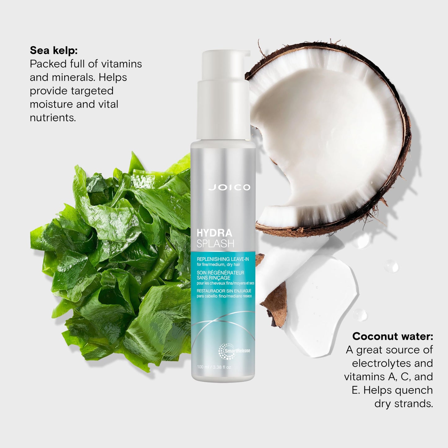 Lavender Joico HydraSplash Replenishing Leave-In | For Fine, Medium, Dry Hair | Boost Shine & Softness | Tame Frizz & Hydrate | With Sea Kelp & Coconut Water | 3.38 Fl Oz
