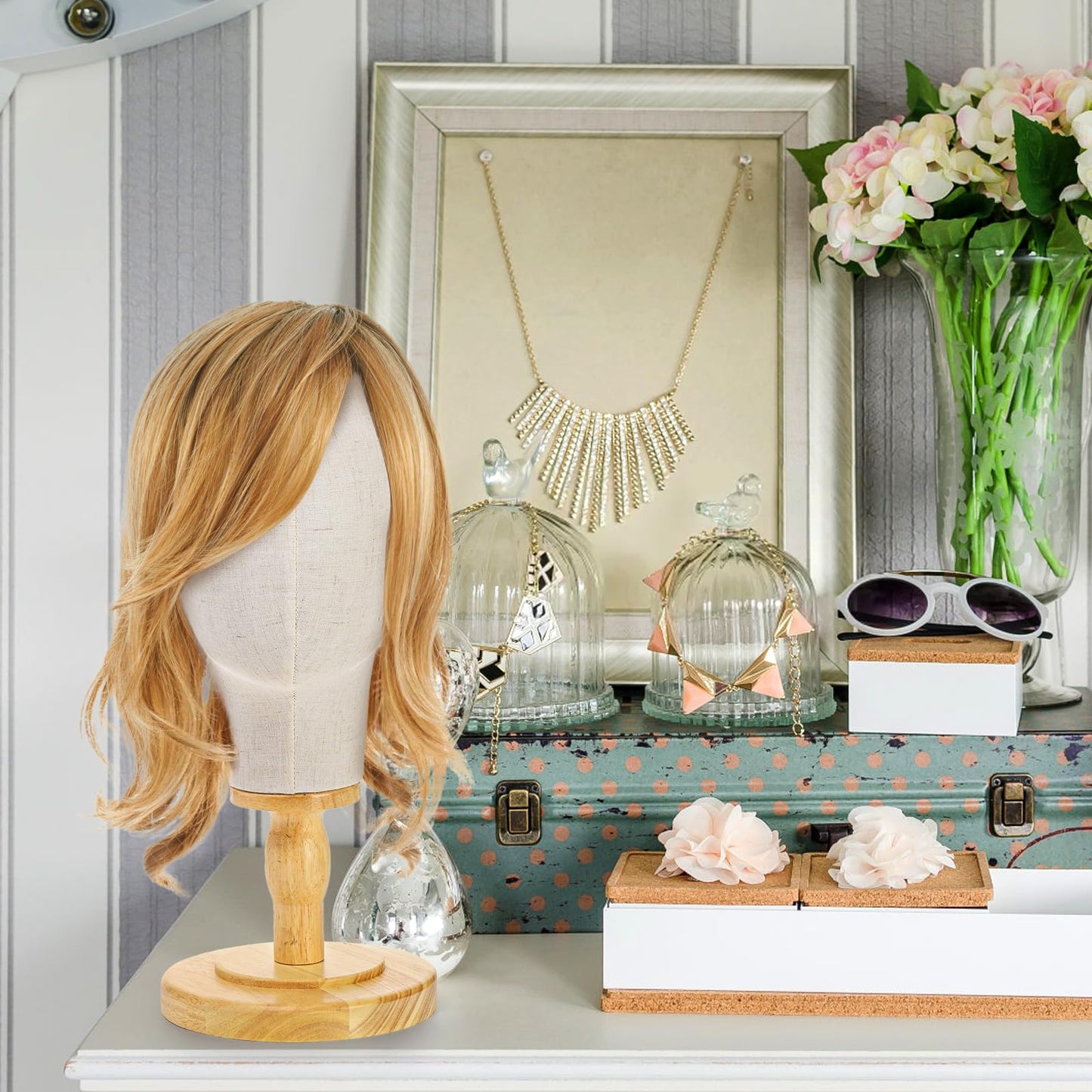 Light Gray Peohud 21 Inch Mannequin Head, Canvas Wig Stand with Detachable Wood Stand, Linen Hat Display Model Head for Caps, Headdress, Wig Making