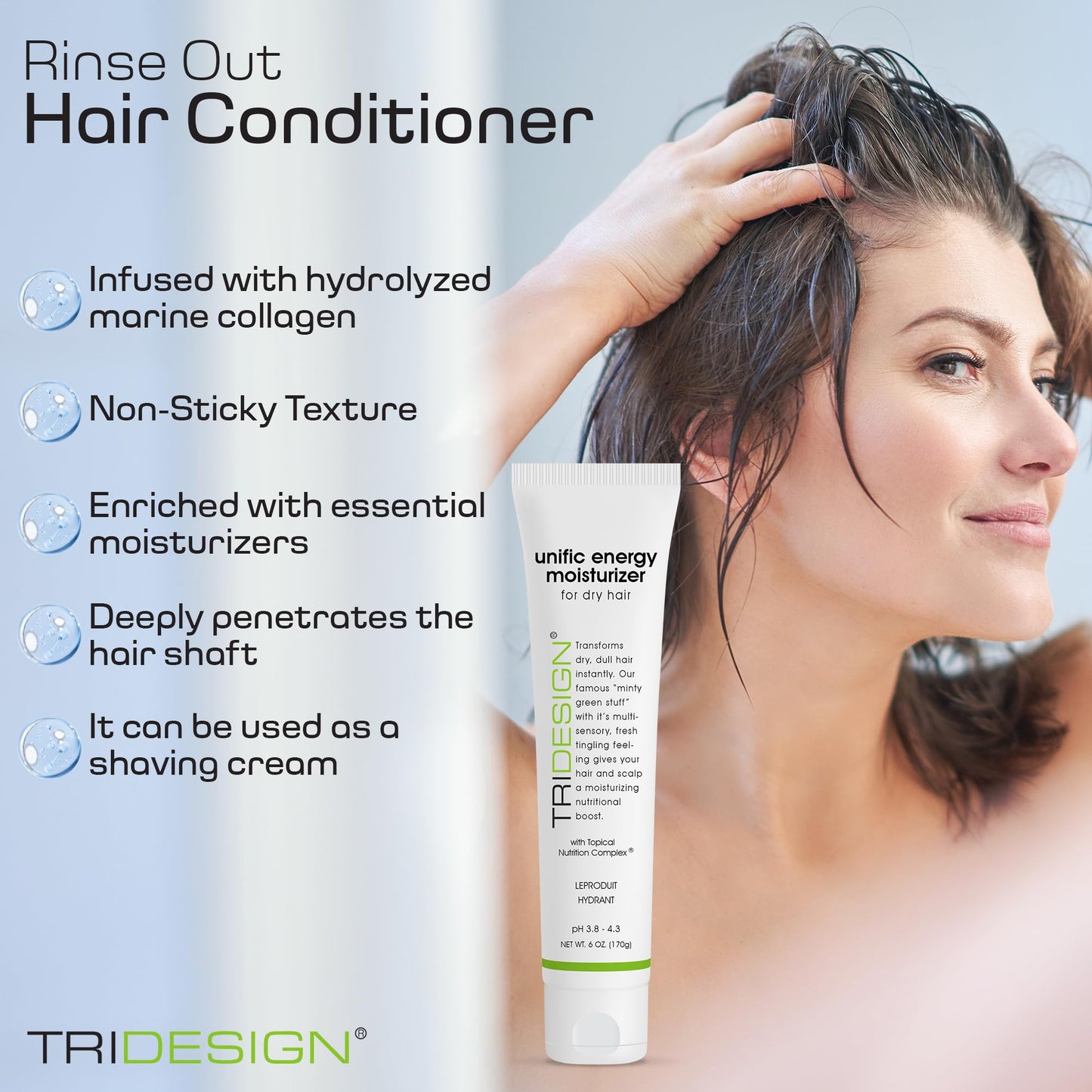 Light Gray TRIDESIGN Unific Energy Moisturizer Conditioner – Leave In Conditioner for Curly Hair, Anti Frizz Hair Serum & Deep Conditioner for Dry, Damaged Hair – Frizz Control & Hair Care Solution – 6 oz Tube