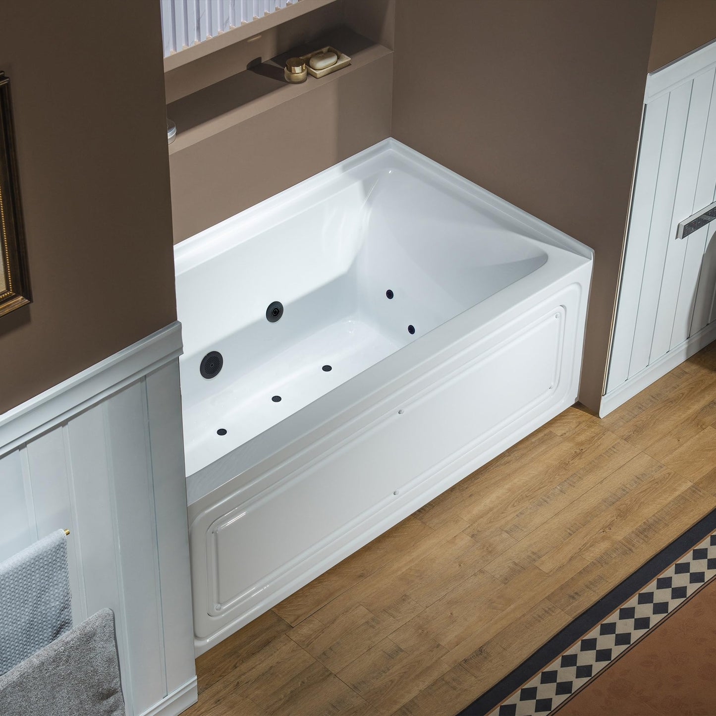 Dark Slate Gray WOODBRIDGE 60" x 32" Alcove Acrylic Rectangular Whirlpool and Air Heated Tub in White with Left Drain, Matte Black Finish Trim and Drain Kit Included, DF606-L-MB02