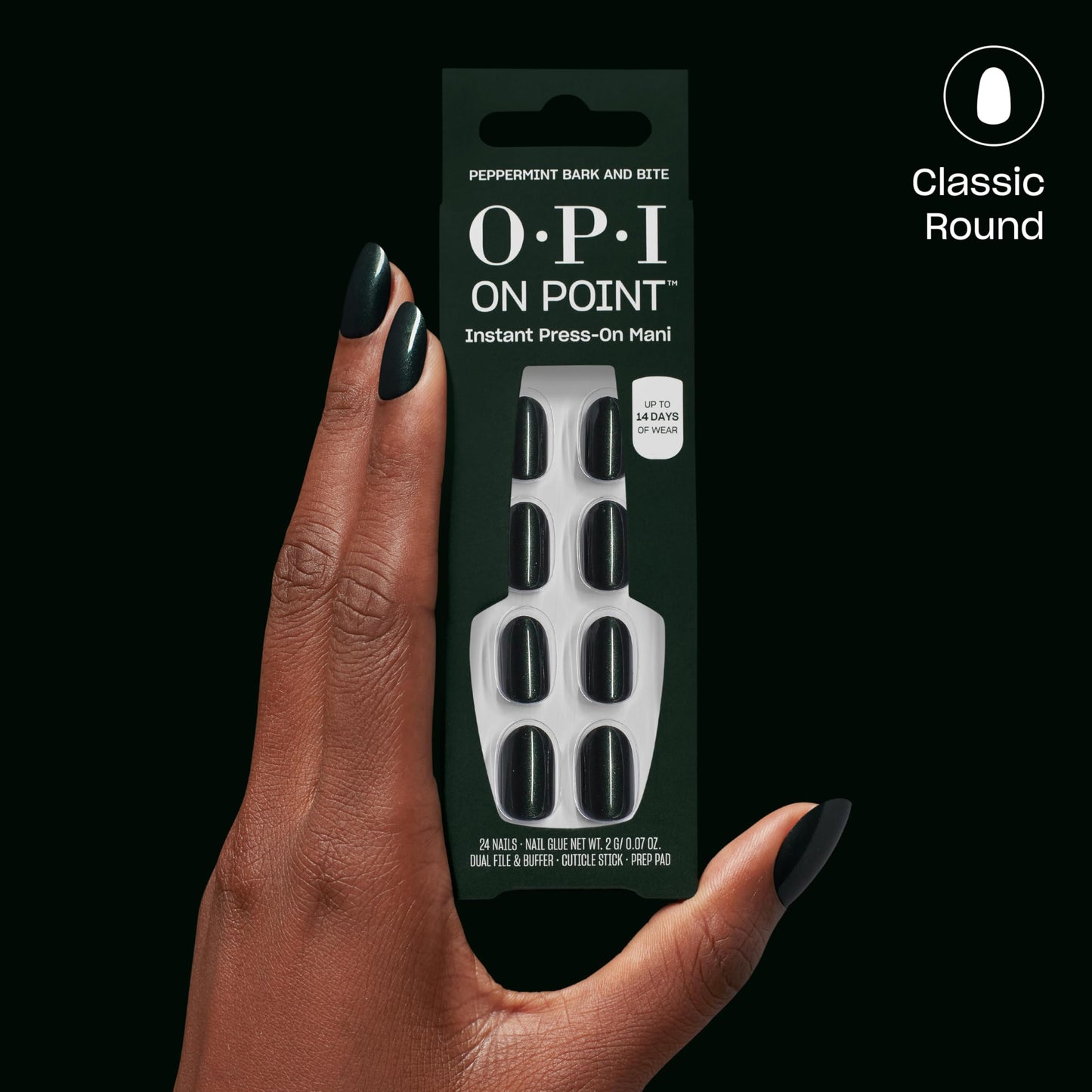 Black OPI On Point Peppermint Bark and Bite | Short Round Dark Green Silver Shimmer Press On Nails | 24 Count with Nail Glue | Long Lasting, Reusable, Non-damaging | Fall 2025 Shades