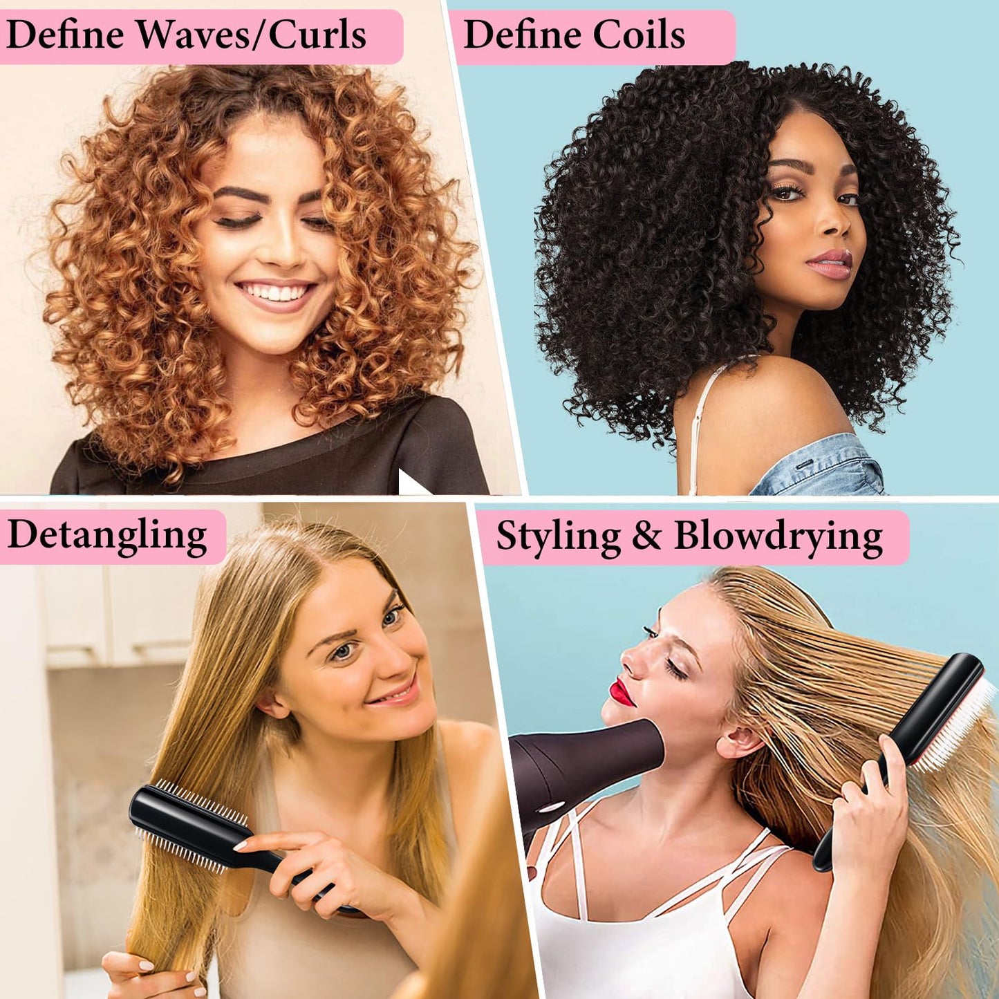 Antique White KTKUDY 9 Row Defining Brush for Shaping and Finishing Curls - Detangling Blow-Drying Brush for Thick, Wavy or Coily Hair (Black&Pink)