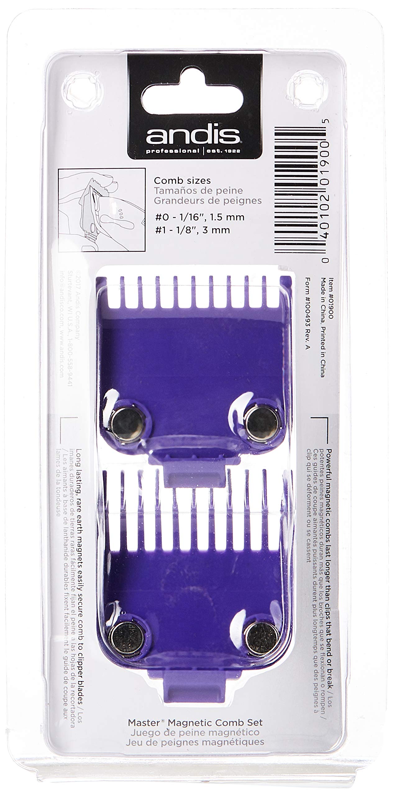 White Smoke Andis 01900 Master Magnetic Comb Set – Made Up of Polymer Material, Includes Long-Lasting Magnet Infused with Nano Silver Technology – Fits Series MBA, MC-2, ML - 2 Pieces, Purple