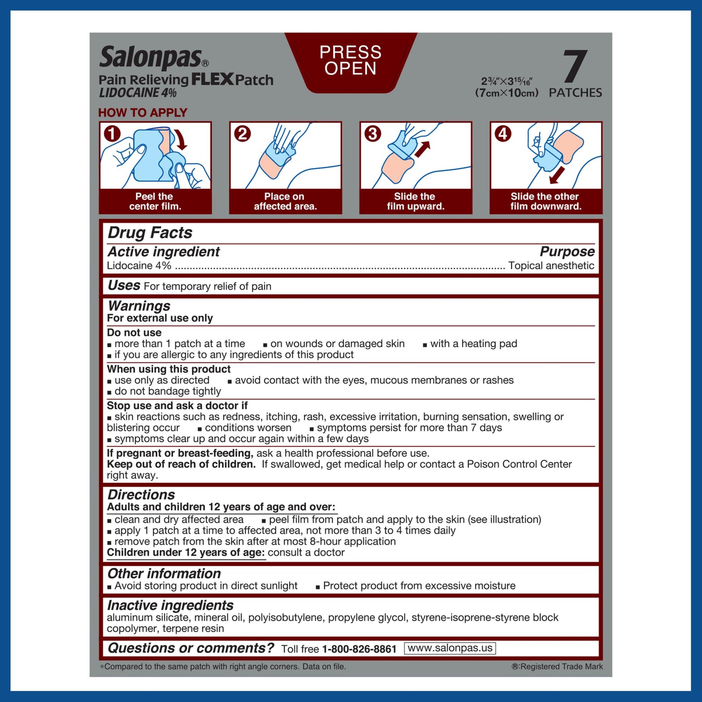 White Smoke Salonpas Maximum OTC Strength Lidocaine 4% Pain Relieving Flex Patch, Apply for Up to 8 Hours, Unscented, Thin, Flexible, Lightweight, Patch Stays in Place, 7 Patches