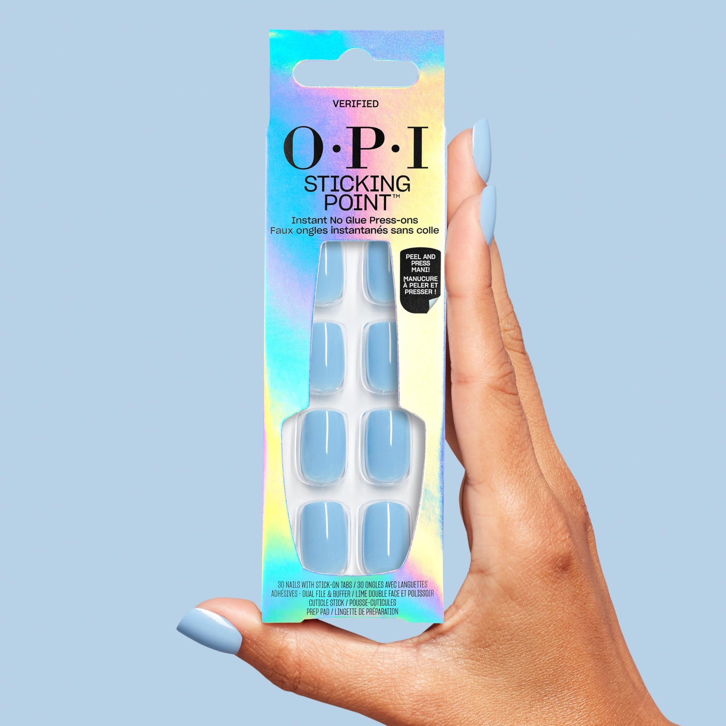 Light Blue OPI Sticking Point Verified | Short Squoval Opaque Cool Blue Instant No Glue Press On Nails | 30 Count with Adhesive Tabs | Damage-Free Wear | Spring 2026
