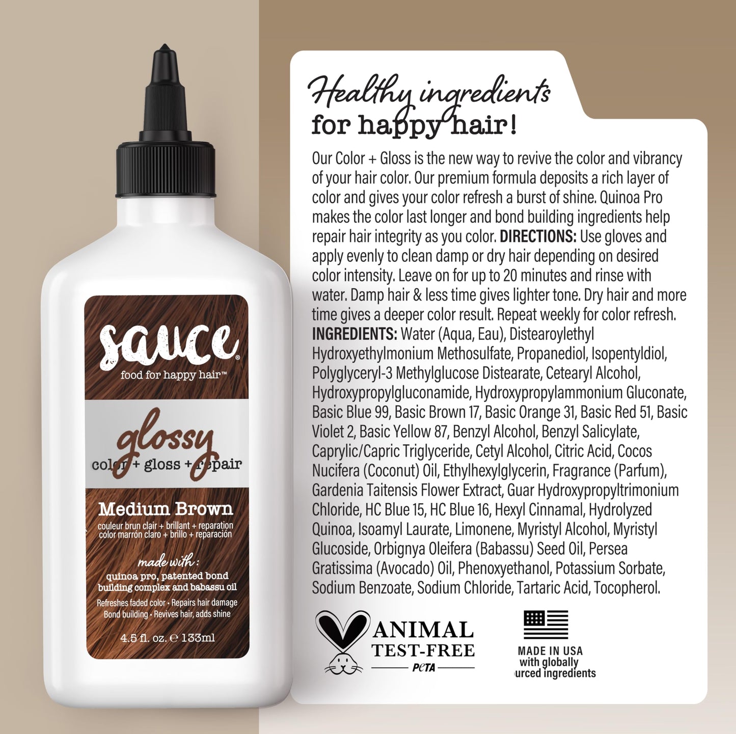 Light Gray Sauce Beauty Glossy Color + Gloss + Repair, Medium Brown, Semi Permanent Hair Dye with Bond-Building and Color-Fade Protection Technology, Adds Shine & Deep Moisture, Lasts 4-8 Weeks, Stops Fade