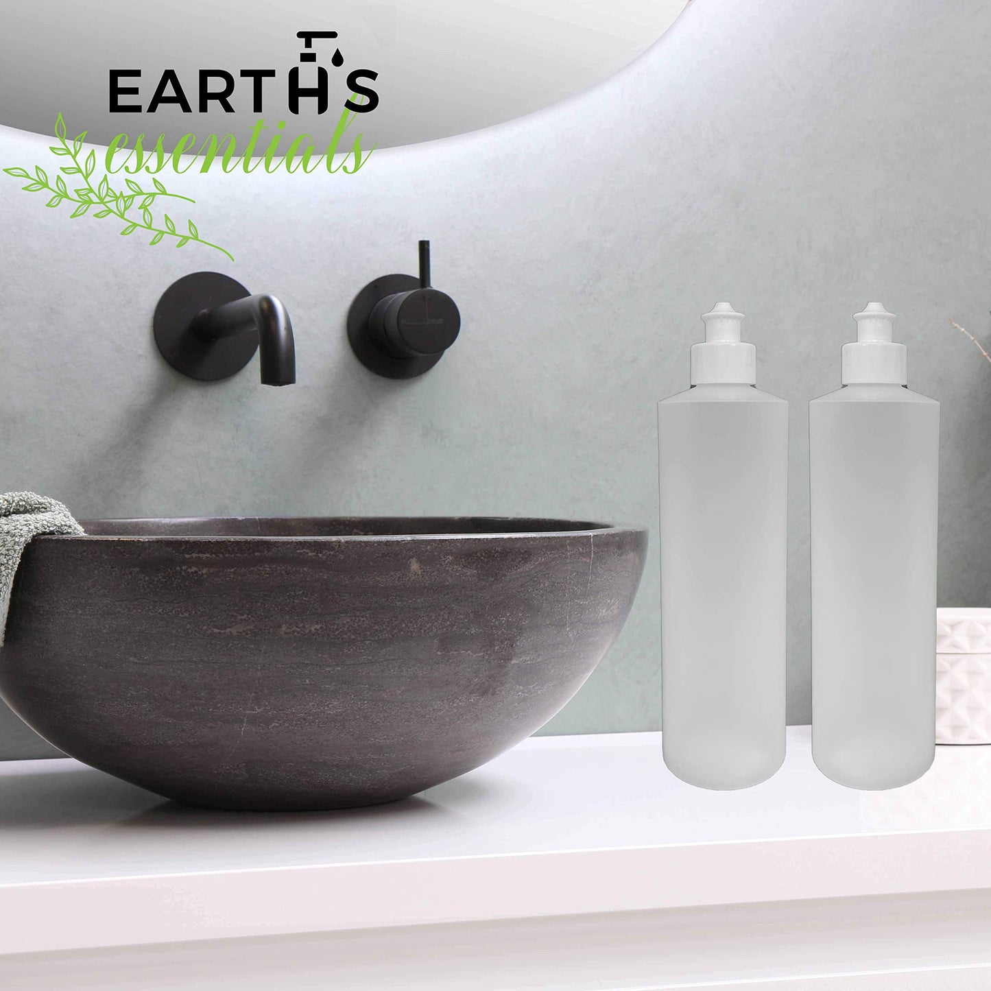 Gray 2 Pack Refillable 16 Ounce HDPE Squeeze Bottles With Push/Pull Button Top Dispenser Caps-Great For Lotions, Shampoos, Conditioners and Massage Oils-Includes our patented thread-on funnel
