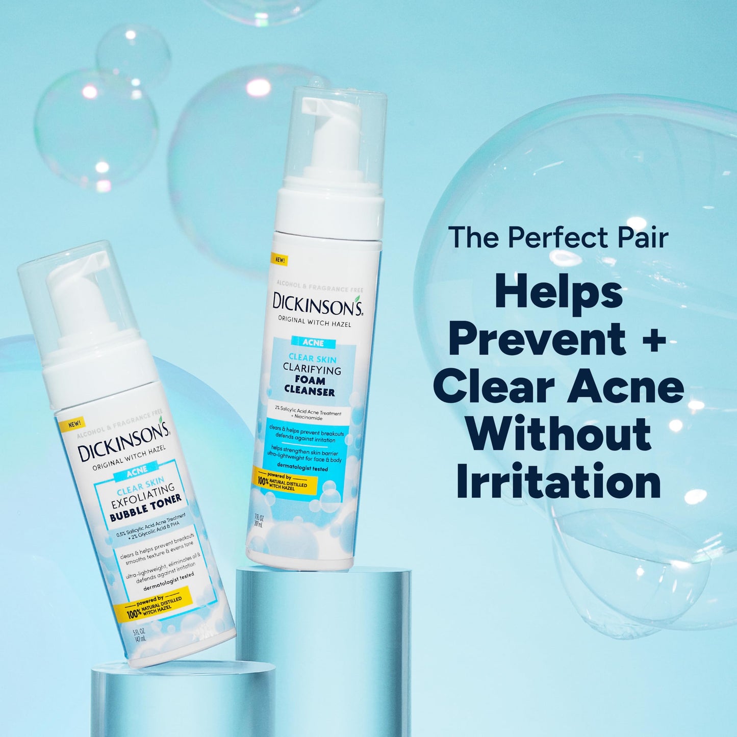 Light Blue Dickinson’s Witch Hazel Exfoliating Bubble Toner with 0.5% Salicylic Acid, Glycolic Acid & Niacinamide | Clears Pores, Smooths Texture, Brightens Skin | Alcohol-Free, Fragrance-Free | 5 Fl Oz