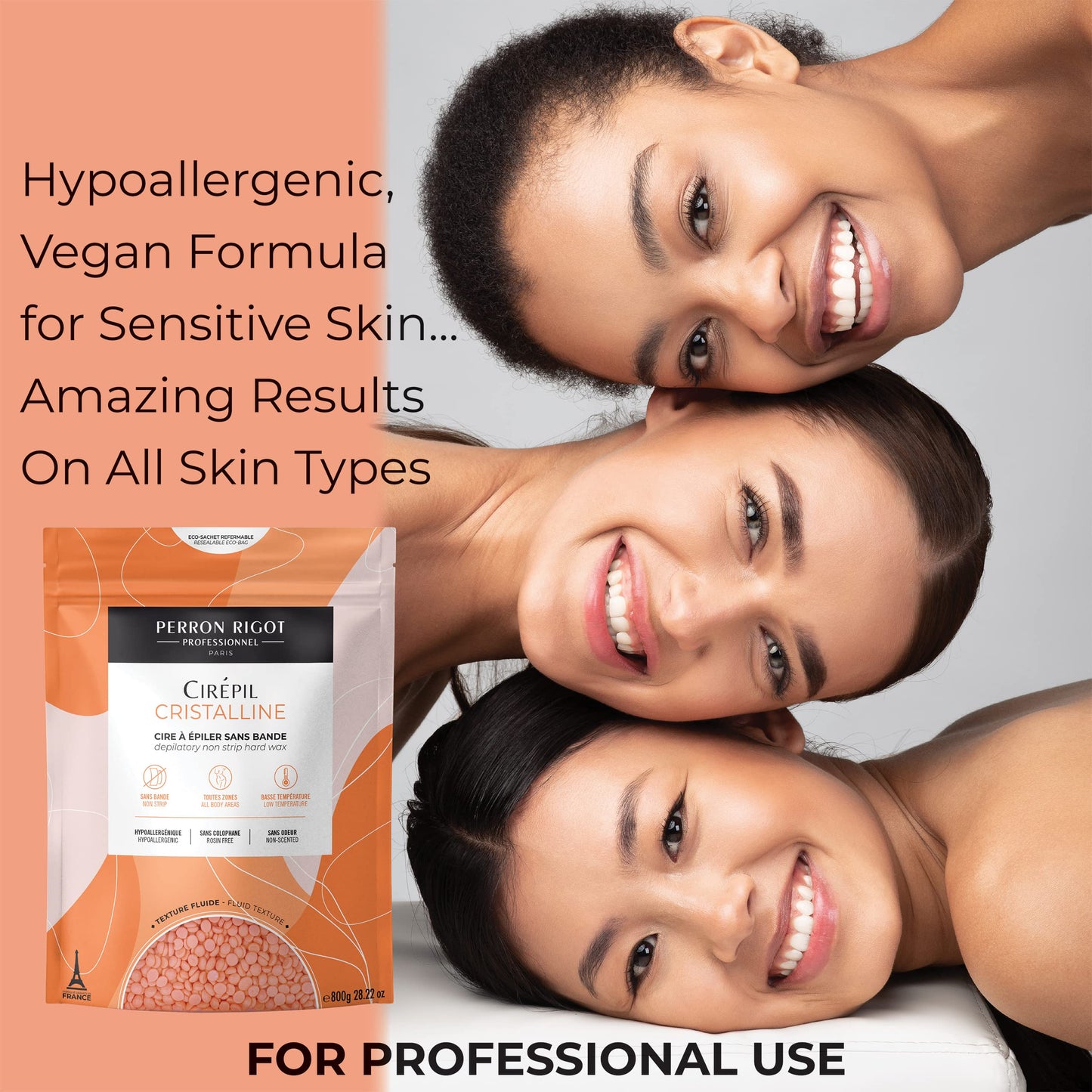 Dark Salmon Cirepil - Cristalline - 800g / 28.22 oz Hard Wax Beads Bag - Unscented & Rosin-Free, Micro-Crystalline Formula for Highly Sensitive Skin - Clear Gel Stripless Hair Removal for Face & Body, Low-Temp