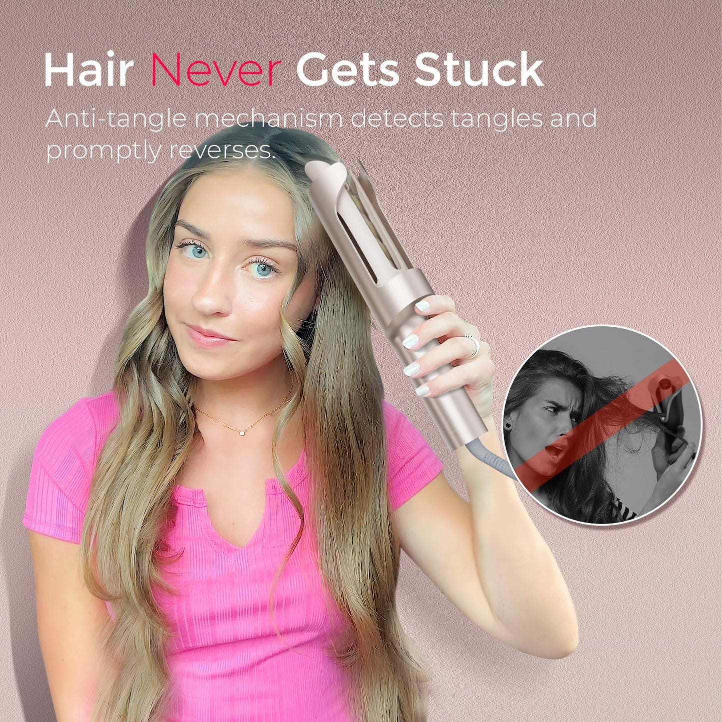 Dark Gray TYMO CurlPro Plus Automatic Rotating Curling Iron - Upgraded Long Barrel Curling Wand for Long Hair, Ceramic Hair Curler for Women, Anti-Scald, Tangle-Free, 600M Ionic, Dual Voltage, Gold, 1 Inch