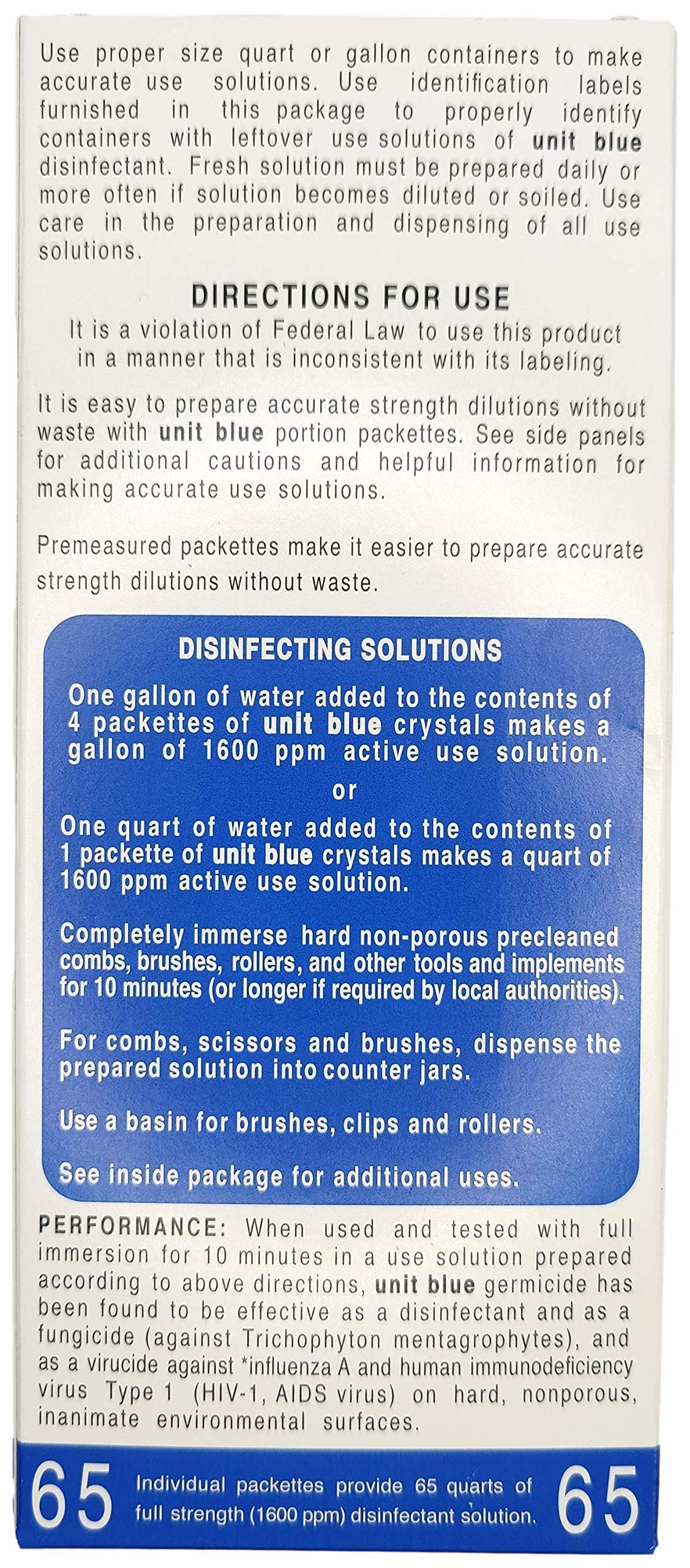 Light Gray Unit Blue Germicidal Barber Disinfectant Liquid Cleaner Concentrate for Barbers - Anti-Rust Formula to Sterilize Scissors, Clips, Razors, Brush & Combs - 65 Sachets Makes 65 QT Solution at 1600 PPM
