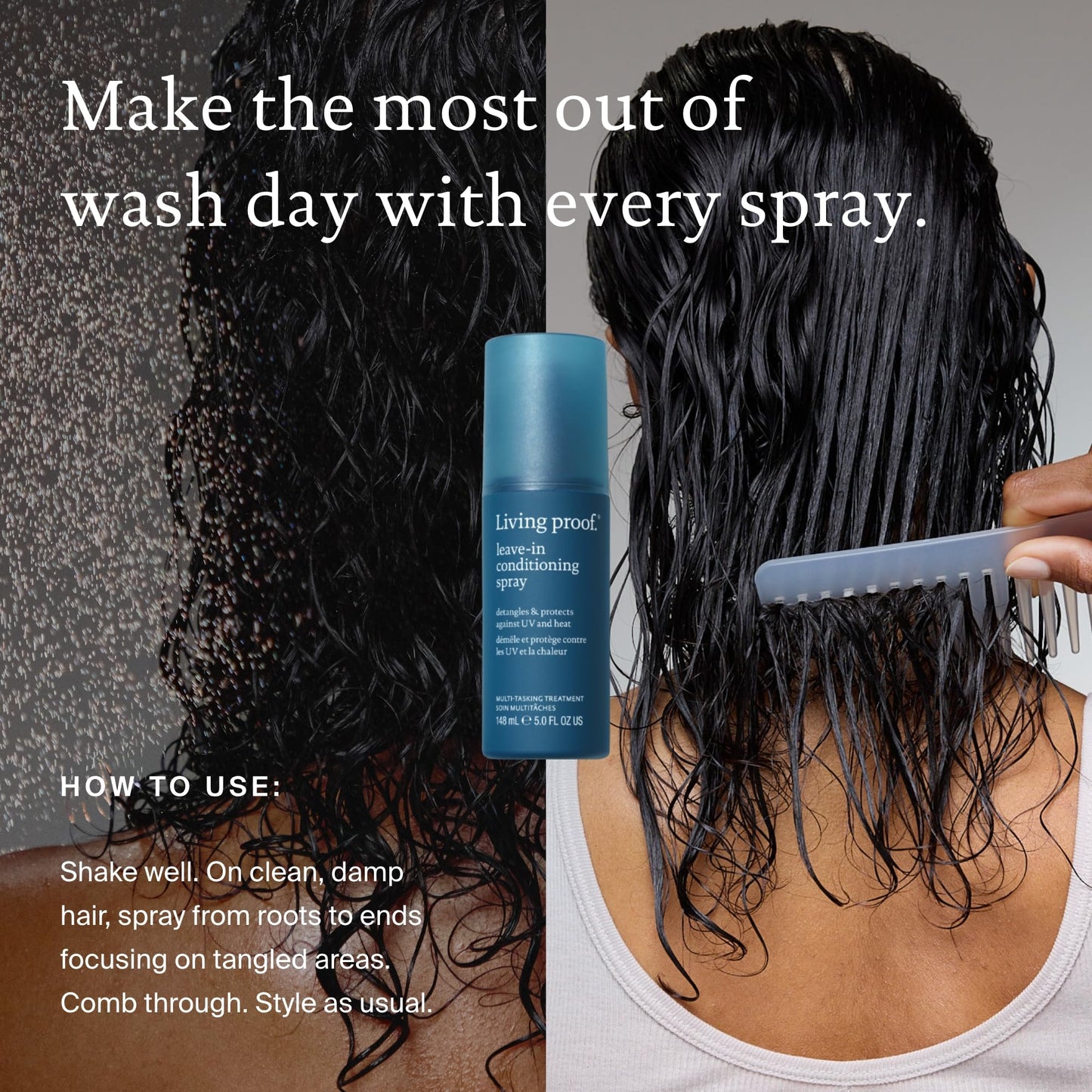 Black Living Proof Leave-In Conditioning Spray, Hair Strengthening Detangler Spray for Women with Heat Protection, For All Hair Types