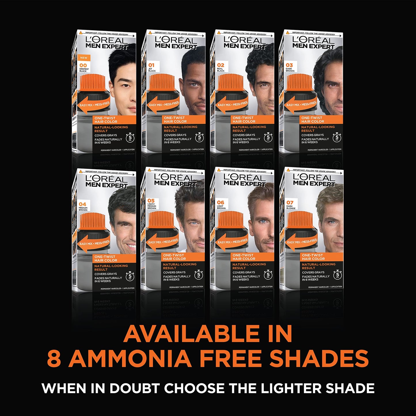 Black L’Oreal Paris Men Expert One Twist Mess Free Permanent Hair Color, Mens Hair Dye to Cover Grays, Easy Mix Ammonia Free Application, Real Black 02, 1 Application Kit