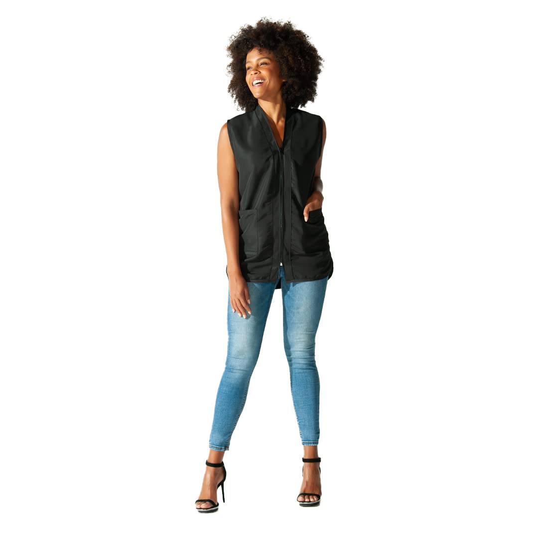 White Smoke Betty Dain Professional Zip Front Salon Stylist Vest, V-Neck, Iridescent Fabric, Adjustable Belt, Two Lower Pockets with Zippered Bottoms, Lightweight, Machine Washable Nylon, Black, XL