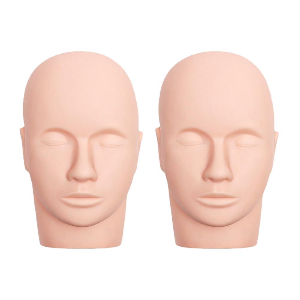 Bisque Lwuey Lash Mannequin Head, Pro Training Mannequins Flat Head Soft Touch Silicone Practice Make Up Eyelash Extensions Massage Model Manikin Cosmetology Doll Face Head 2 Pack Skin Colour