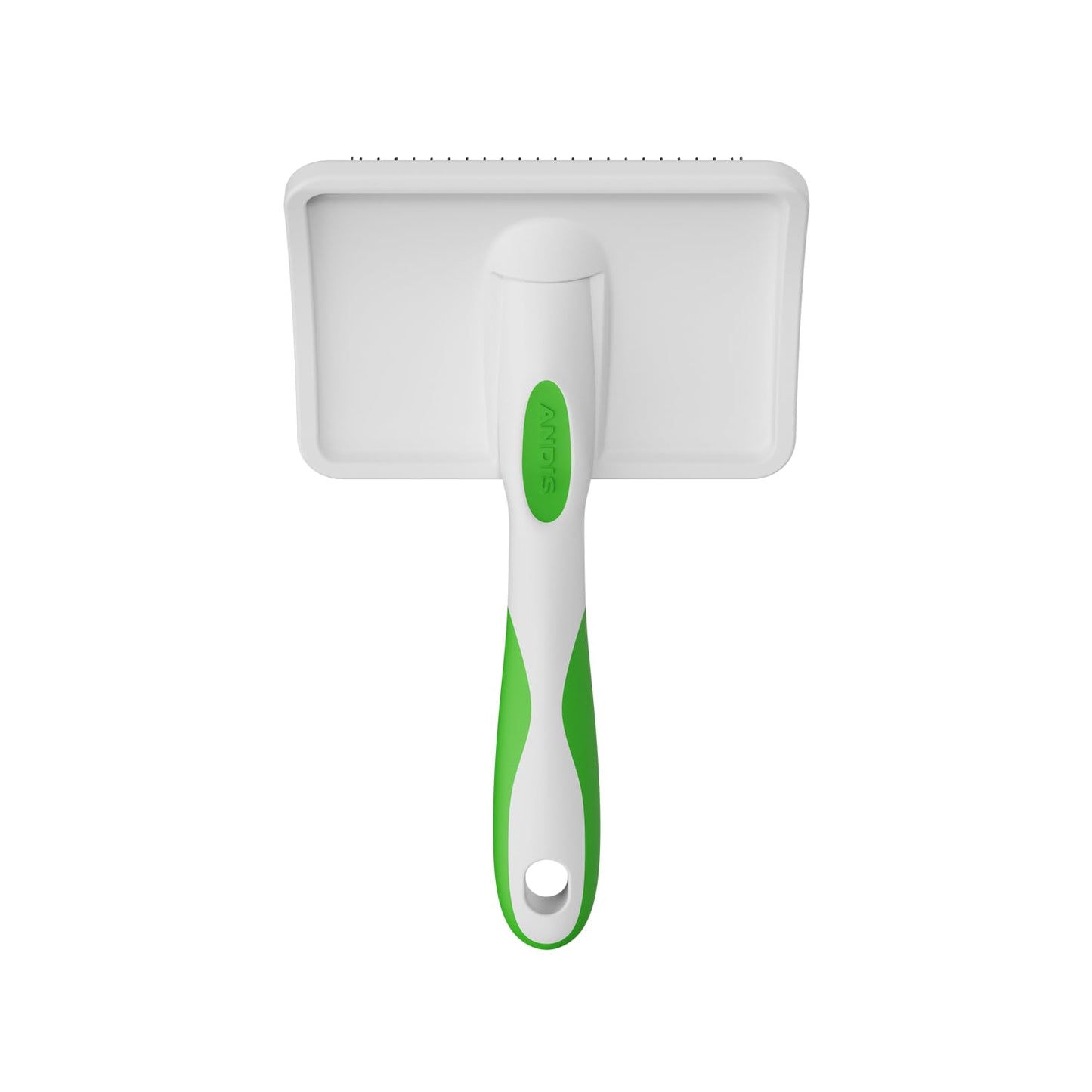 White Smoke Andis 68540 Self-Cleaning Animal Slicker Brushes with Curved Stainless-Steel Bristles for All Breeds - Reduces Shedding by Up to 90%, Removes Tangles, Dirt & Loose Hair – Large, Green