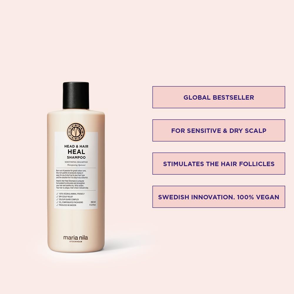 Misty Rose Maria Nila Head & Hair Heal, Soothing Shampoo for Dry & Itchy Scalp, Calming Aloe Vera & Piroctone Olamine Properties Moisturises/Soothes Scalp Preventing Flakiness, 11.8 Fl Oz