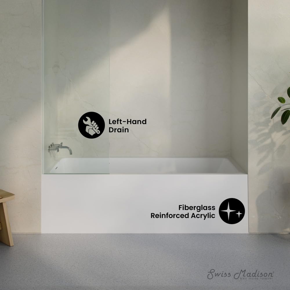 Dark Sea Green Swiss Madison Voltaire 72 x 36 Skirted Left Drain Soaking Alcove Bathtub in Glossy White, Drain Included