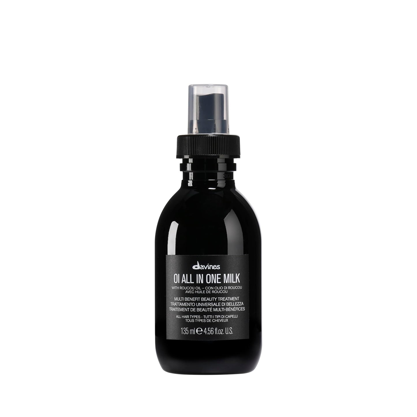 Black Davines OI All In One Milk, Hair Leave-in Milky Conditioner Multi-Function Spray Treatment - Detangles, Controls Frizz & Heat Protectant - Weightless Antioxidant Roucou Oil Formula, 4.56 Fl Oz