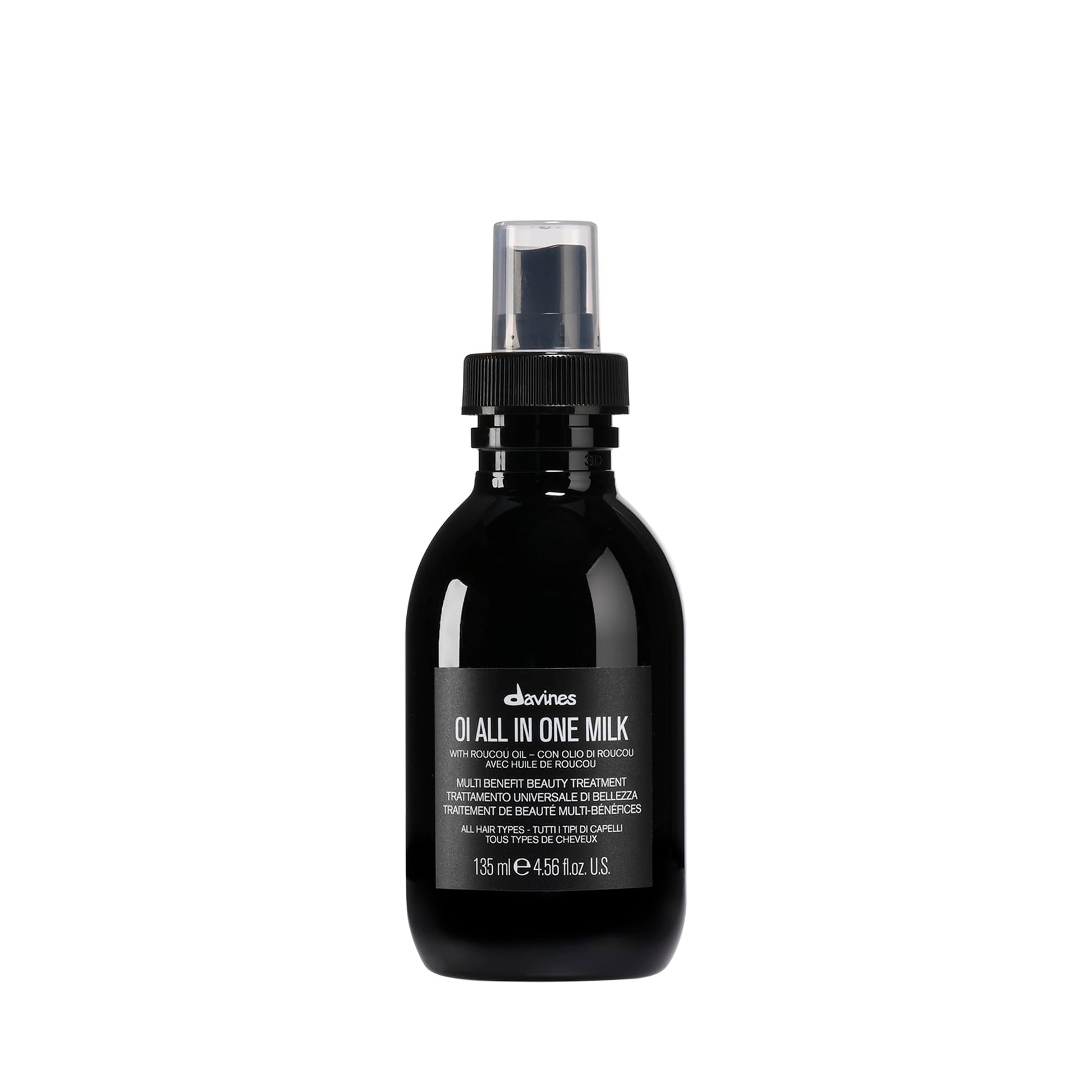 Black Davines OI All In One Milk, Hair Leave-in Milky Conditioner Multi-Function Spray Treatment - Detangles, Controls Frizz & Heat Protectant - Weightless Antioxidant Roucou Oil Formula, 4.56 Fl Oz