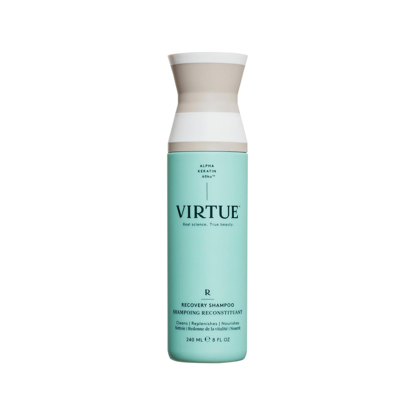 Light Blue VIRTUE Recovery Sulfate Free Shampoo with Keratin and Baobab Seed Oil for Damaged Hair, Color Safe