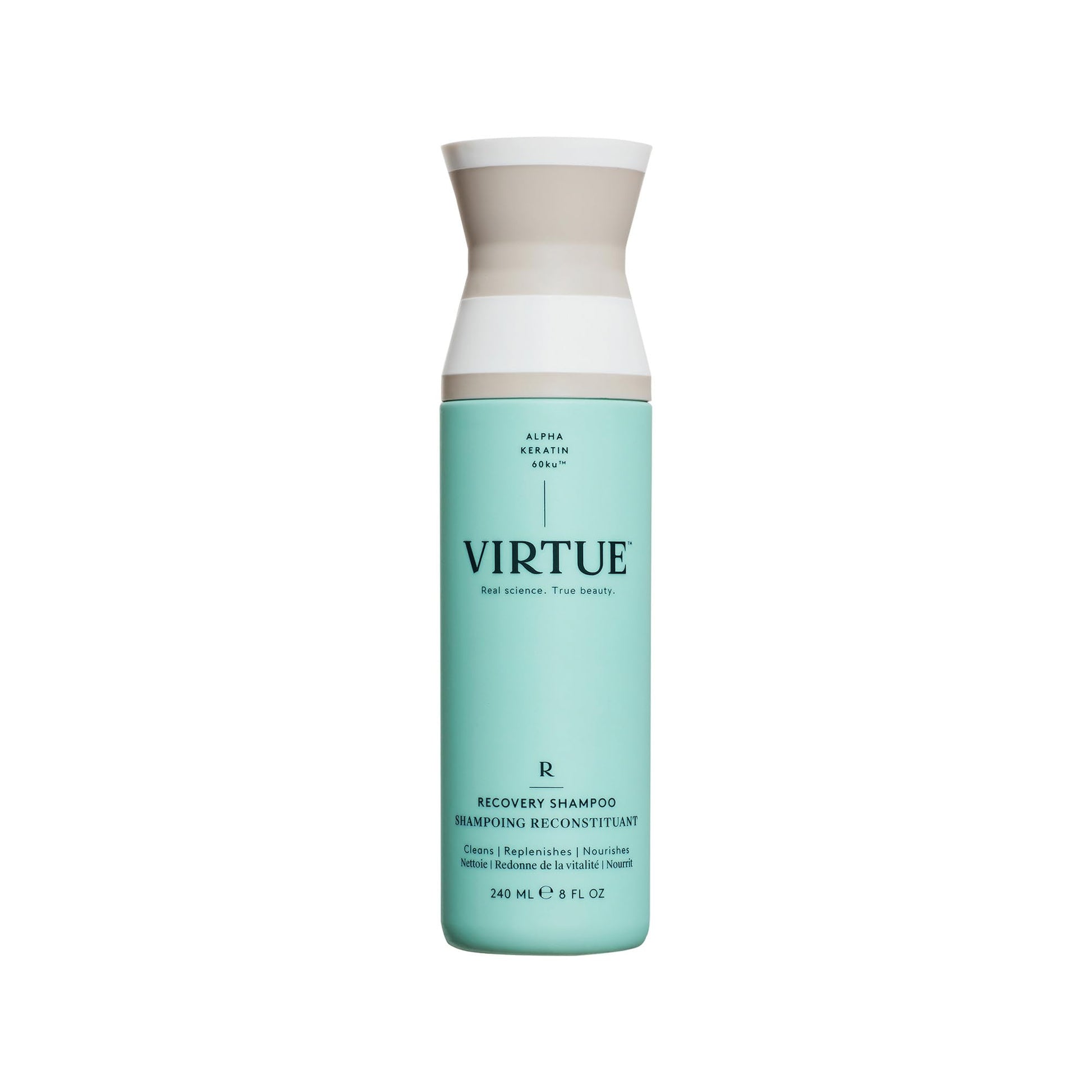 Light Blue VIRTUE Recovery Sulfate Free Shampoo with Keratin and Baobab Seed Oil for Damaged Hair, Color Safe