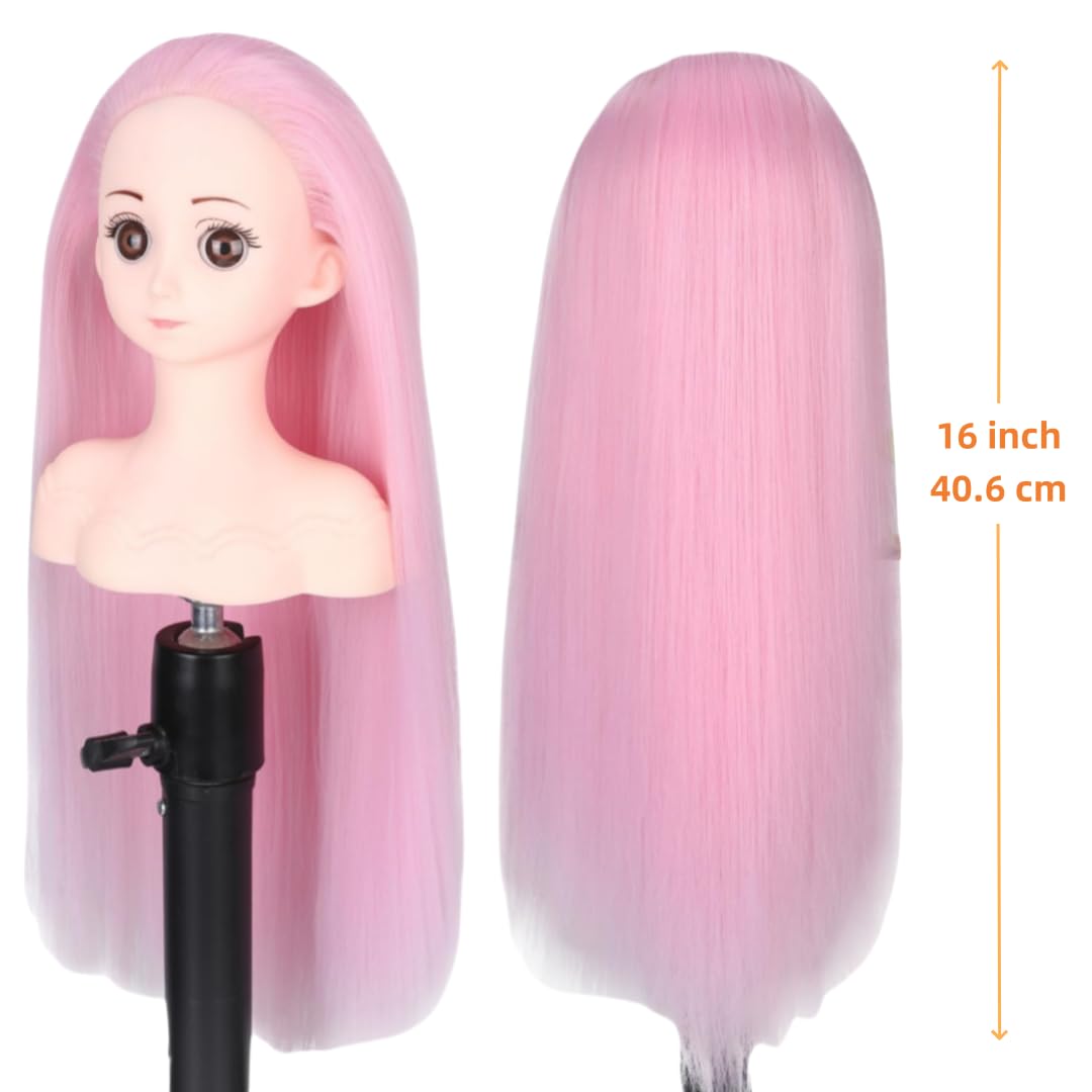 White Smoke Czrleaty Training Doll Head for Hair Styling, Cosmetology Mannequin Head with Pink Hair for Kids Practice Braiding