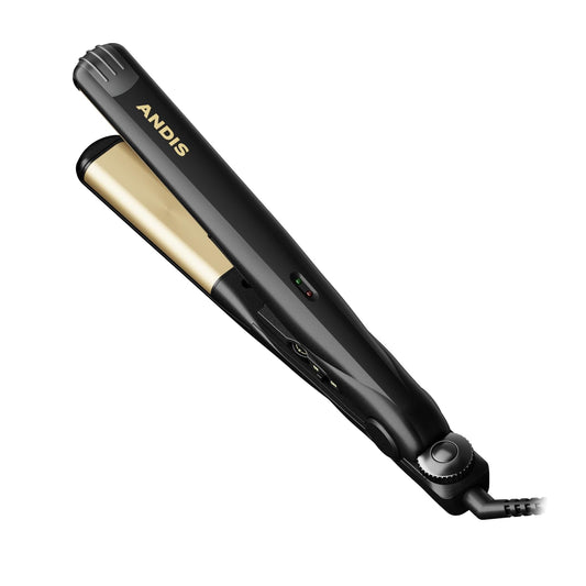 White Smoke Andis 67695 Professional Curved Edge, 1-inch 450ºF High Heat Tourmaline Nano-Ceramic Hair Flat Iron with Dual Voltage and Auto Shut-Off - Frizz-Free Ceramic Hair Straightener - Black/Gold