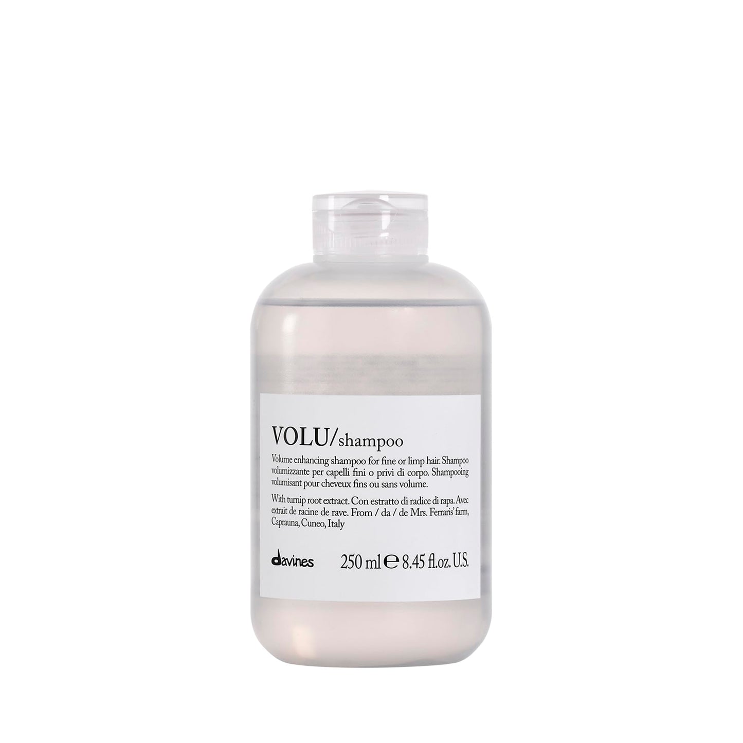 Gray Davines VOLU Shampoo, Volumizing Gentle Cleansing Action for Fine or Limp Hair - Making it Soft and Light with a Lasting Boost of Body and Volume with Turnip Root Extract, 8.45 Fl Oz