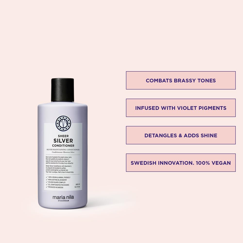 Misty Rose Maria Nila Sheer Silver, Silver/Purple Conditioner, Neutralizes Brassy Yellow/Golden Shades in Blonde, White & Grey Hairs, Violet Pigments Gives Cool Tone, 10.1 Fl Oz