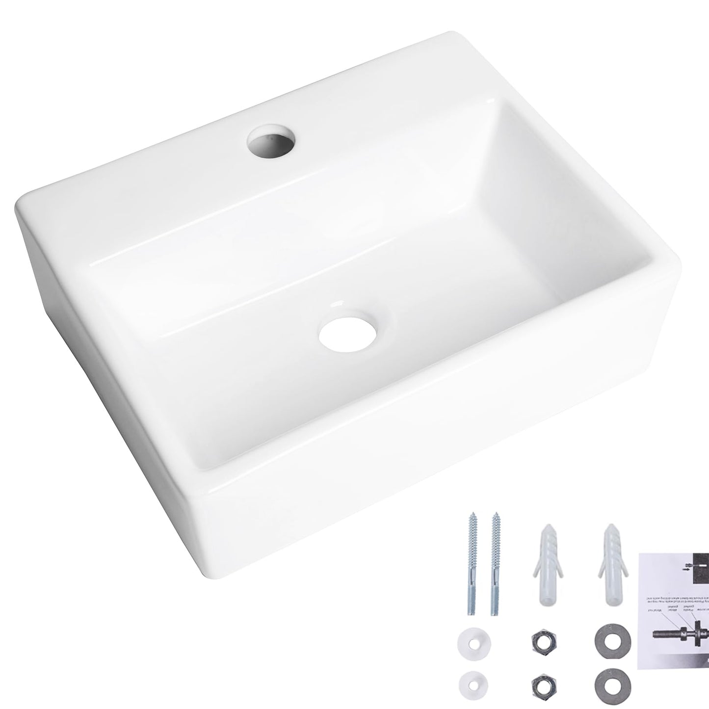 White Smoke Wall Mounted Bathroom Vessel Sink, QISHKA 15" X 12" Rectangular Floating Ceramic Wash Hand Basin White Wall Hung Vanity Sink for Bathroom and Cloakroom
