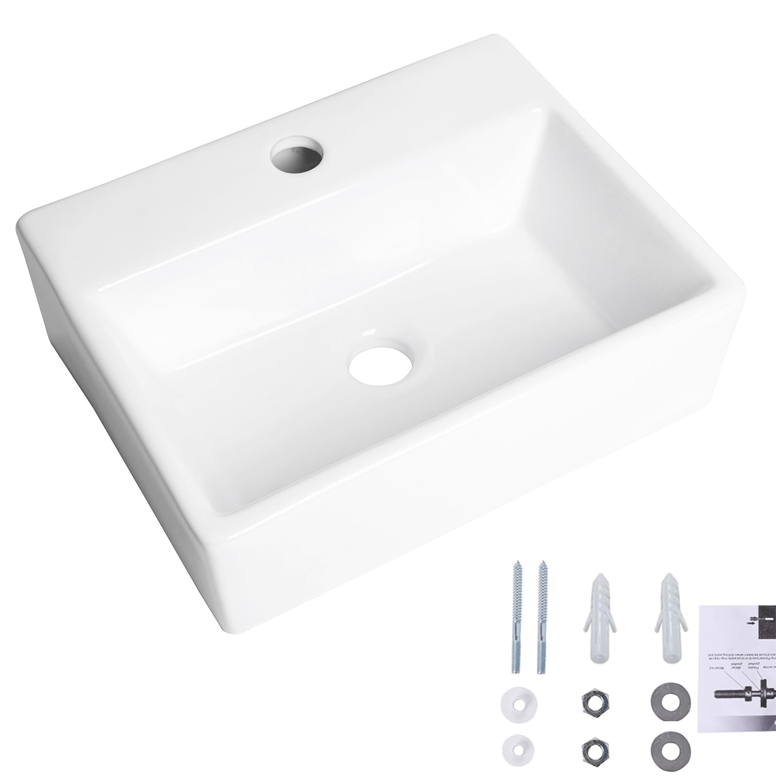 White Smoke Wall Mounted Bathroom Vessel Sink, QISHKA 15" X 12" Rectangular Floating Ceramic Wash Hand Basin White Wall Hung Vanity Sink for Bathroom and Cloakroom