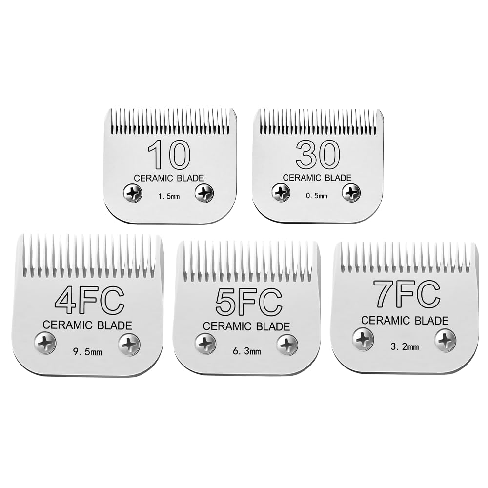 White Smoke FUHKQE Detachable Pet Clipper Blades Dog Grooming Clipper Replacement Ceramic Blades Set, Compatible with Andis, Wahl, Oster(Size 30#+10#+4FC+5FC+7FC,Cut Length0.5mm-9.5mm)