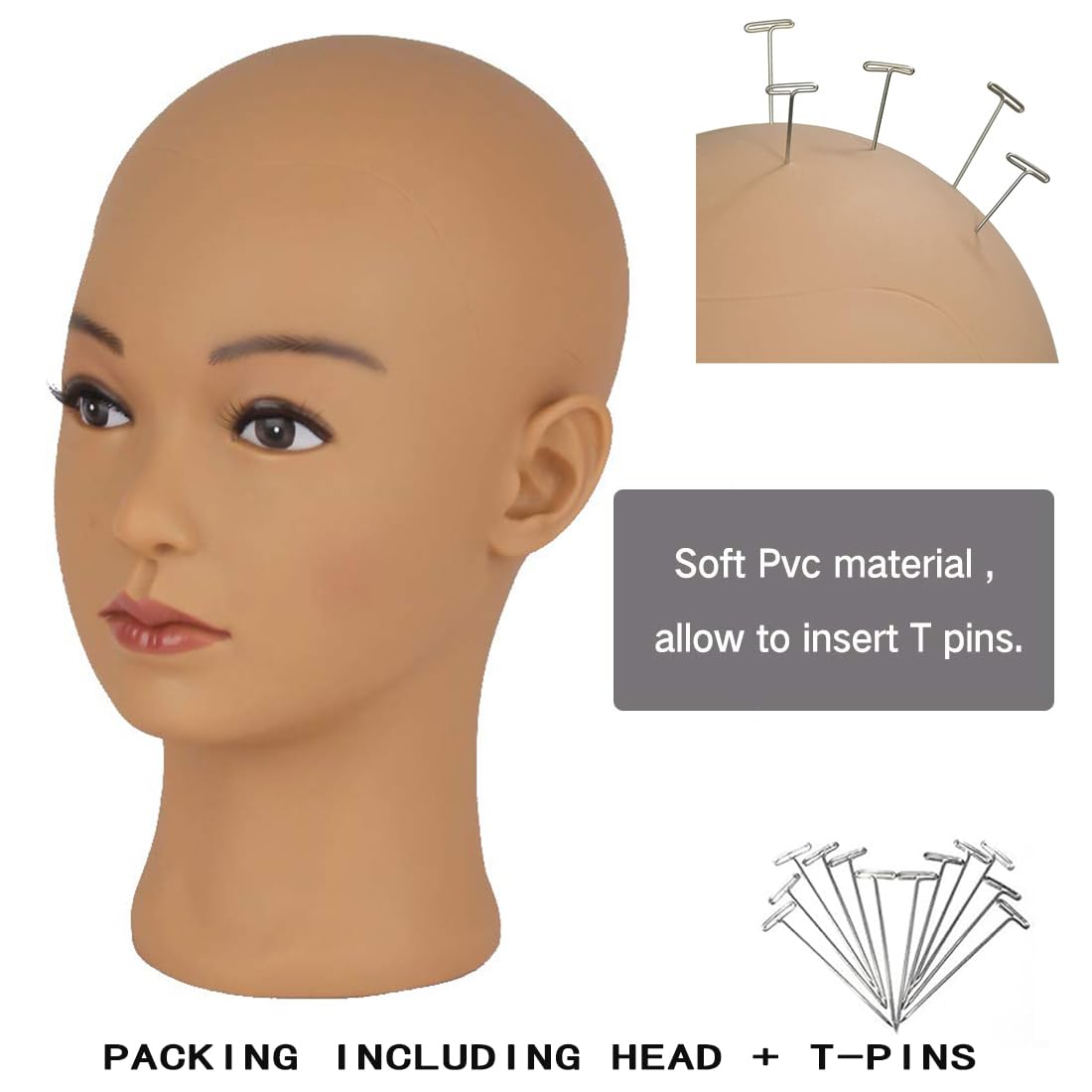 White Smoke Hairway Female Professional Cosmetology Training Mannequin - Bald Mannequin Head for Wigs Making and Display - With Free T-Pins (Light Brown 21.5 Inch)