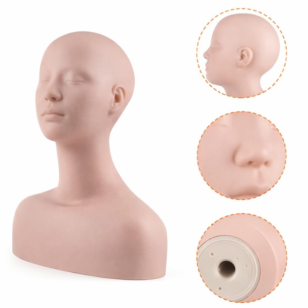White Smoke Esthetics Mannequin Head with Shoulders - Soft Makeup Practice Head Silicone PVC Cosmetology Students Tool for Wigs Hat Display,Facials Massage,Eyelashes Training,Boards,Face Paint Practicing